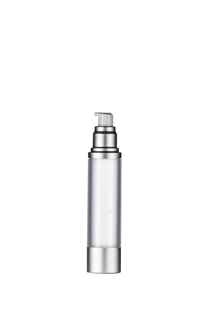 50ml Frosted Airless Bottle, Matt Silver Base & 30/50ml Airless Pump with Matt Silver Overcap, Matt Silver Collar & White Actuator