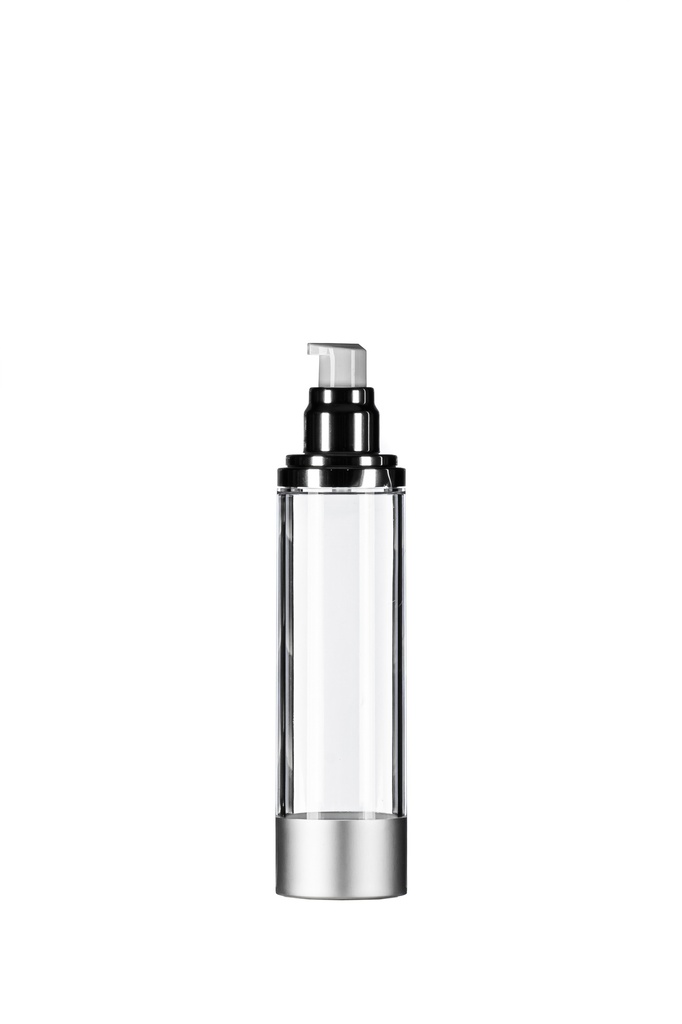100ml Clear Airless Bottle, Matt Silver Base & Airless Pump with Matt Silver Overcap, Gloss Silver Collar & White Actuator