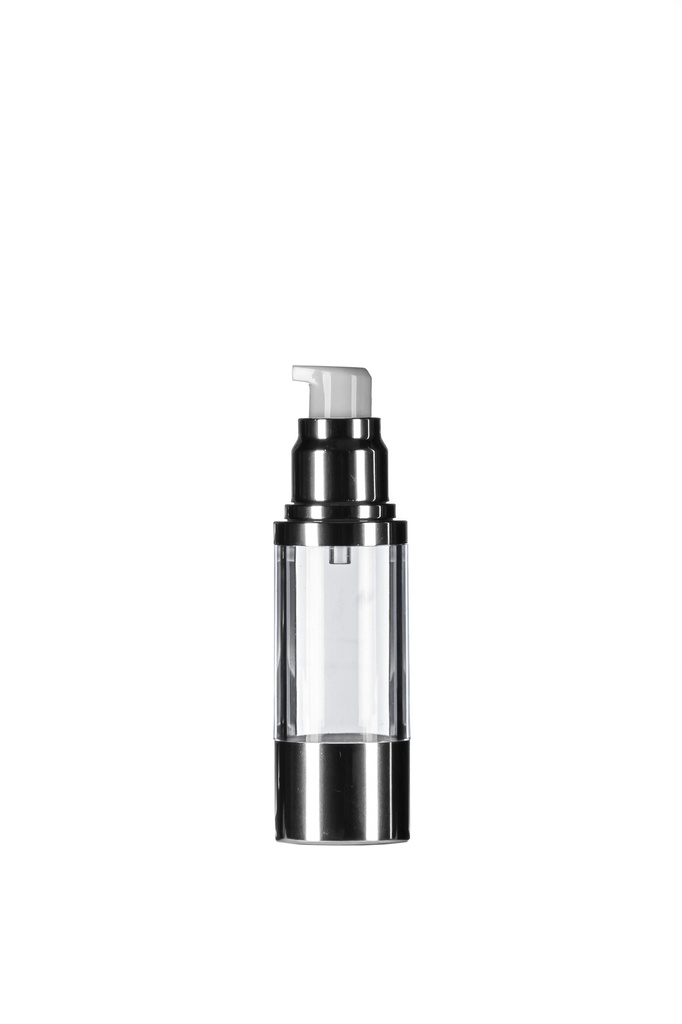 30ml Clear Airless Bottle, Gloss Silver Base & 30/50ml Airless Pump with Gloss Silver Overcap, Collar & White Actuator